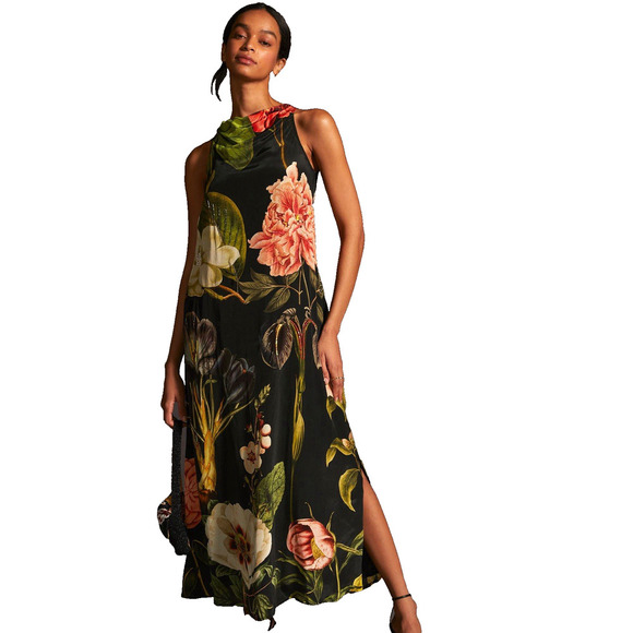 Siddhartha Bansal Halter Maxi Dress Lined Black Floral Sequin Detail Size 2 - Picture 1 of 11